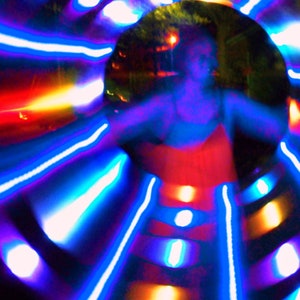 ASTRAL MORPH Custom LED Hula Hoop - Handmade in Colorado - Durable, Rechargeable, & Collapsible [Rainbow Morph + Blue Dotted Tracer Lights]