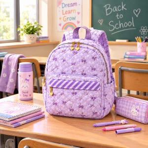 Puede incluir: Una mochila acolchada de color lavanda con un patrón repetitivo de cerezas, tiradores de cremallera dorados en forma de corazón y un detalle de rayas diagonales en el bolsillo frontal. Incluye correas ajustables y un asa superior.