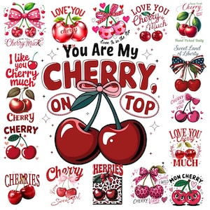 Puede incluir: Una colección de ilustraciones digitales con cerezas rojas, lazos rosas y frases como You Are My Cherry On Top, Love You Cherry Much y Sweet Land of Liberty, dispuestas en un patrón de cuadrícula sobre un fondo blanco.