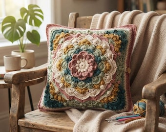Boho Mandala Crochet Pillow Pattern, Textured Floral Cushion Tutorial (PDF)