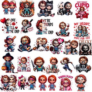 Chucky Doll PNG-set: Kawaii skräckclipart för sublimering digital nedladdning