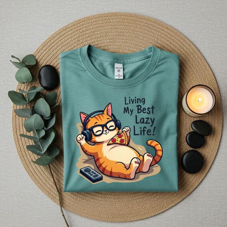 May include: A teal t-shirt featuring a cartoon orange tabby cat wearing headphones and glasses, holding a slice of pizza, and a remote control. The text "Living My Best Lazy Life!" is printed on the shirt. The shirt is folded on a woven mat.