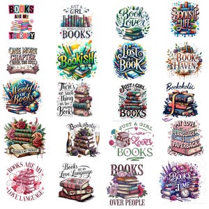 Puede incluir: Una colección de diseños coloridos con temática de libros con varias citas y frases. Los diseños presentan pilas de libros, detalles florales y texto como "Book Lover", "Books are my Therapy" y "Just a Girl Who Loves Books."