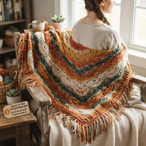 May include: A triangular crochet shawl featuring a textured pattern in shades of burnt orange, cream, and deep teal. The shawl has long fringe along the edges and is draped over the shoulders. A small tag reads: Crochet Pattern The Meadowlark Wrap.