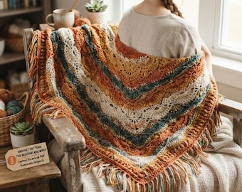 Autumn Sunset Crochet Shawl Pattern – Triangle Wrap with Fringe (PDF Download)