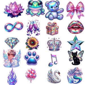 Könnte beinhalten: Eine Sammlung farbenfroher, holografischer Aufkleber mit verschiedenen Designs. Enthält eine Lotusblume, einen Frosch, einen Teddybären, eine Schleife, ein Unendlichkeitssymbol, Sektgläser, eine Geschenkbox, Lippen, einen Diamanten, eine Sonnenblume, eine Krone, einen Stern, einen Engel, einen Pfotenabdruck, eine Musiknote, eine Katze, Flammen, Ballons, einen Schwan und eine Meerjungfrau.