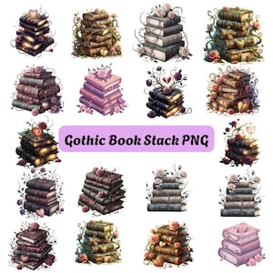 Puede incluir: Ilustraciones digitales de pilas de libros antiguos, adornadas con rosas, enredaderas y detalles en forma de corazón. El texto "Gothic Book Stack PNG" se muestra sobre un fondo lavanda. Tema gótico.
