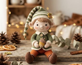 Handmade Woodland Elf Amigurumi – Crochet Forest Gnome with Acorn, Waldorf Stuffed Doll