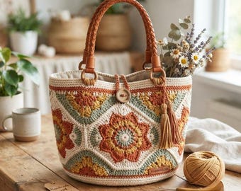Boho Floral Crochet Tote Bag Pattern – Granny Square Market Shoulder Bag (PDF)