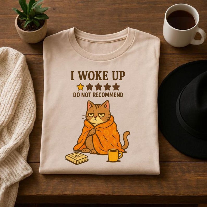 May include: Beige t-shirt with the text "I WOKE UP, DO NOT RECOMMEND" and a graphic of a grumpy cat wrapped in an orange blanket. A book and a yellow mug are next to the cat.