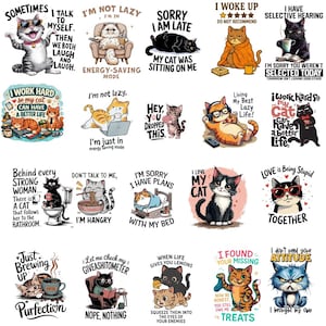 20 Funny Cat PNG Bundle, Sarcastic Designs, Cat Mom Humor, Crazy Pets, Digital Download image 1