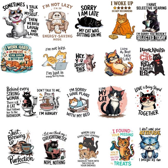 20  Funny Cat PNG Bundle, Sarcastic Designs, Cat Mom Humor, Crazy Pets, Digital Download