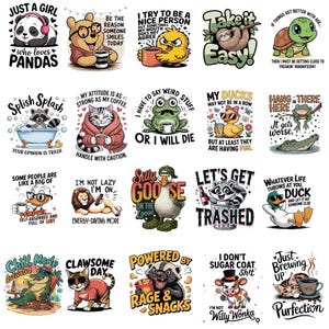 Pode incluir: Uma coleção de adesivos de desenhos animados coloridos com vários animais e frases engraçadas. Os designs incluem um panda com fones de ouvido, uma preguiça, uma tartaruga, um gato, um guaxinim, um sapo, um pato, um leão, um ganso, um texugo e uma vaca.