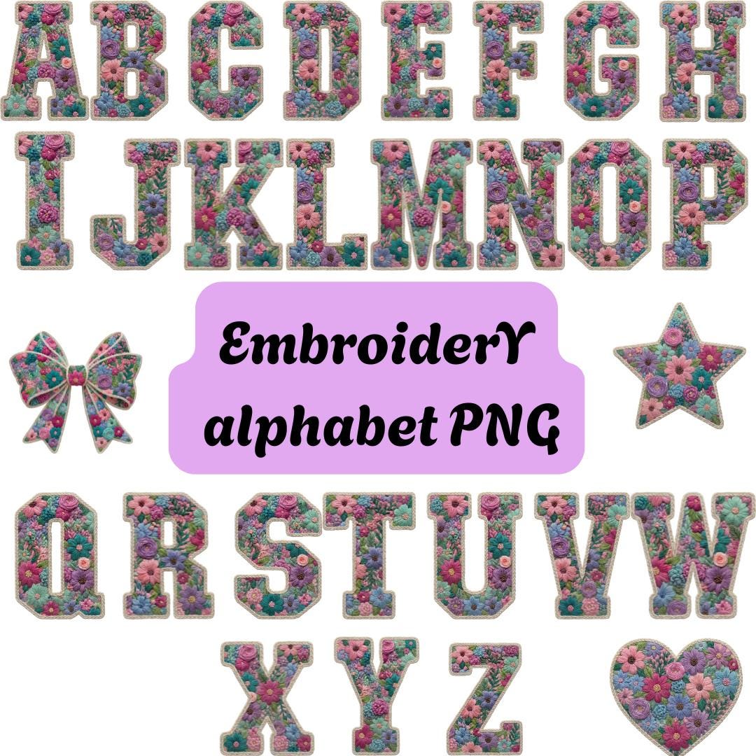 Floral Embroidery Alphabet PNG, Vintage Stitch Monogram Letters Clipart ...