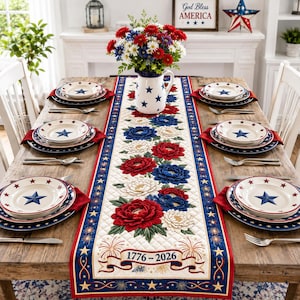 1776-2026 Patriotic Floral Table Runner, American Anniversary Decor, Red White Blue Farmhouse Dining Table Runner, Patriotic Floral Runner