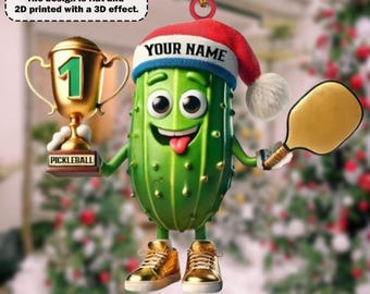 Ornement de Noël personnalisé champion de pickleball, cadeau drôle de concombre pickleball avec nom personnalisé, décoration de Noël acrylique plate 2D pour amateur de pickleball