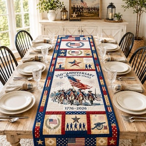 May include: A patriotic table runner with a blue, red, and white color scheme. The runner features American flags, stars, and historical imagery, including soldiers and the text "250th Anniversary of the United States 1776-2026."