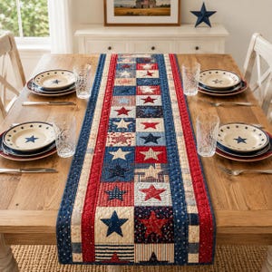 Camino de mesa America Est 1776, decoración patriótica con la bandera estadounidense, camino de mesa de comedor estilo rústico para el 4 de julio, regalo, camino de mesa con la bandera estadounidense