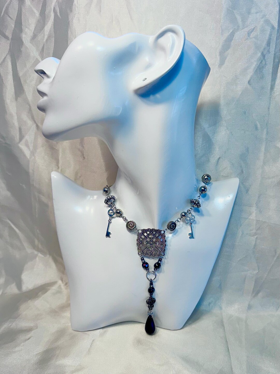 Filigree Key Rack Silver Filigree Key Necklace With Black Teardrop Charm, Romantic Goth ...