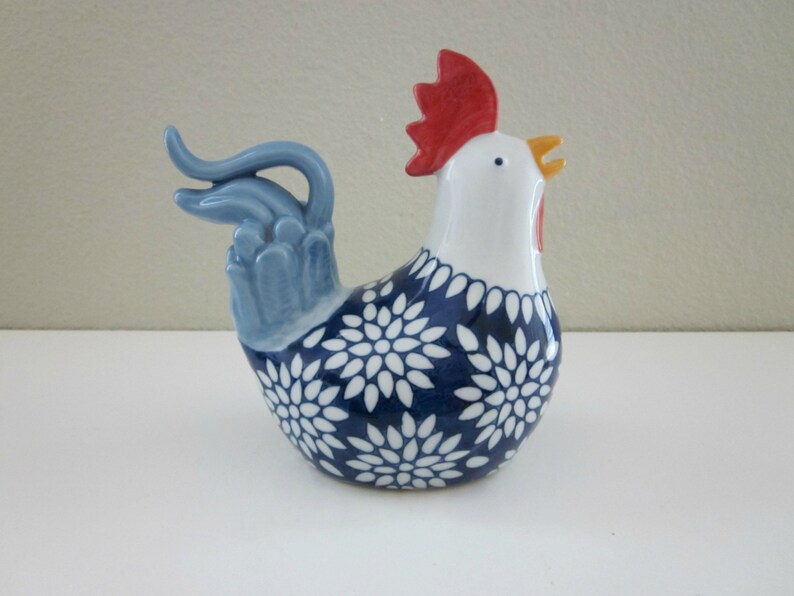 Vintage Ceramic Blue White Rooster Kitchen Decor 7 Inch High Figurine Boho
