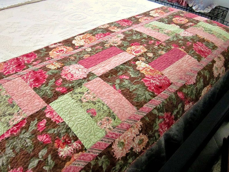 Cottage Chic PinkBrown Floral Bed Runner Patchwork Quilt Bed Runner For Double Handmade Quilted Cotton Bed Runner Queen or King Bed