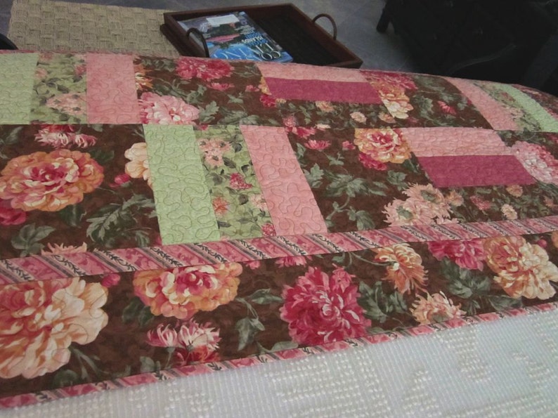 Cottage Chic PinkBrown Floral Bed Runner Patchwork Quilt Bed Runner For Double Handmade Quilted Cotton Bed Runner Queen or King Bed