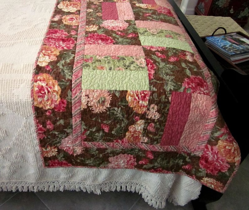 Cottage Chic PinkBrown Floral Bed Runner Patchwork Quilt Bed Runner For Double Handmade Quilted Cotton Bed Runner Queen or King Bed