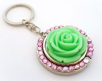 Mint rose keychain, rhinestone folding purse hook, bag charm