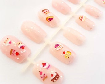 Cakes and flakes pink kawaii deco nails, cute false nail set