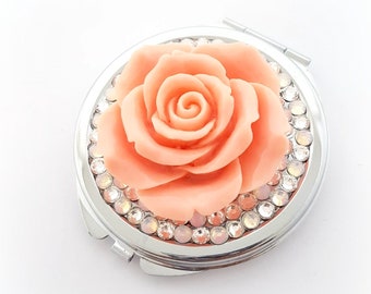 Pink rose crystal compact mirror, princess mirror, kawaii gift for her