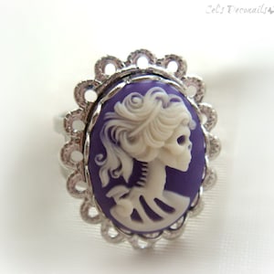 Purple skeleton lady cameo ring, gothic jewelry, pastel goth, gift for her