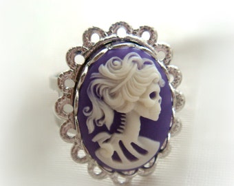 Purple skeleton lady cameo ring, gothic jewelry, pastel goth, gift for her