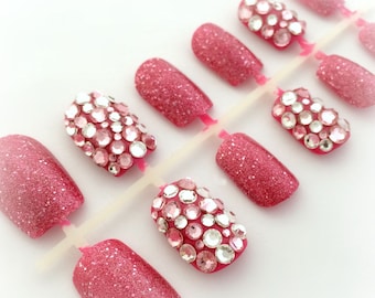 Pink bling deco nails, cute princess press on nails, kawaii Harajuku style nail art