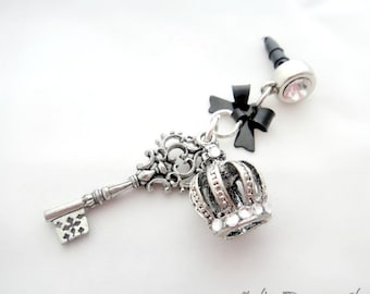 Crown and key dust plug charm, Gothic earphone jack charm, dark Princess phone charm, planner charm