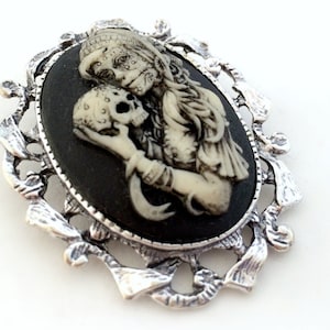 Zombie girl with skull brooch pendant, gothic cameo necklace, spooky Halloween costume jewelry image 1