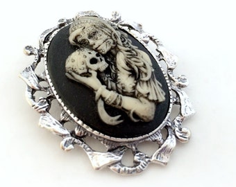 Zombie girl with skull brooch pendant, gothic cameo necklace, spooky Halloween costume jewelry