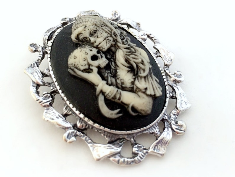 Zombie girl with skull brooch pendant, gothic cameo necklace, spooky Halloween costume jewelry image 1