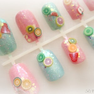 Sweet pastel fruit nails, Japanese nail art set, kawaii 3d nails, pastel goth press on nails image 1