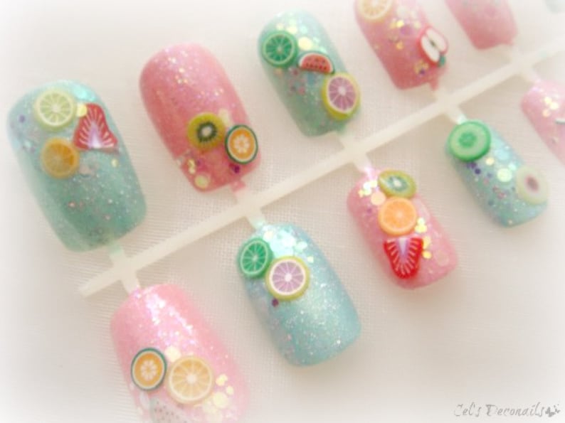 Sweet pastel fruit nails, Japanese nail art set, kawaii 3d nails, pastel goth press on nails image 1