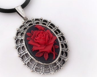 Red rose cameo necklace, victorian gothic jewelry, dark princess pendant