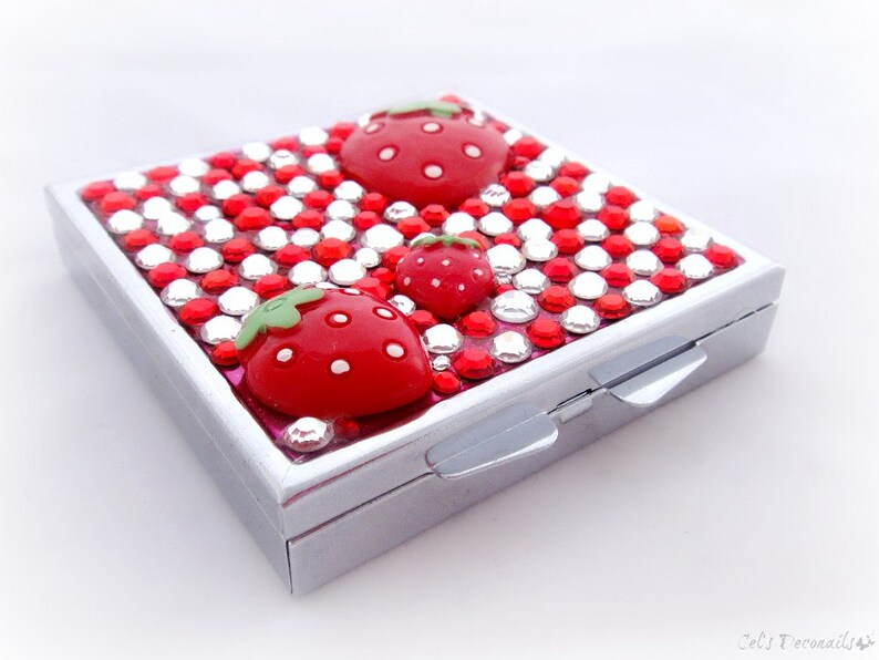 Cute strawberry rhinestone pill box, trinket box, teen girl gift image 2