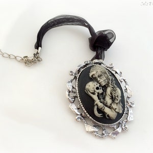 Zombie girl with skull brooch pendant, gothic cameo necklace, spooky Halloween costume jewelry image 2