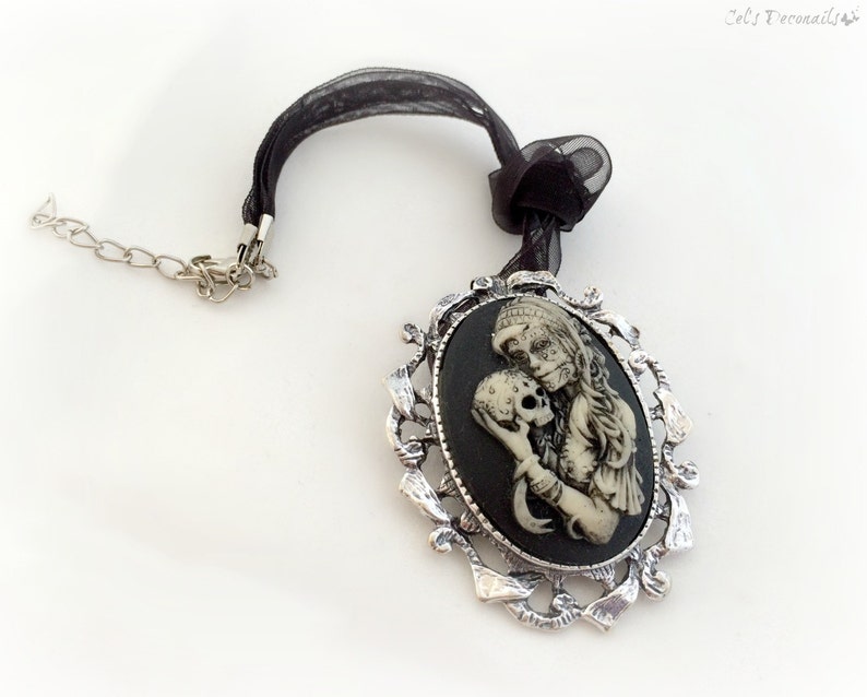 Zombie girl with skull brooch pendant, gothic cameo necklace, spooky Halloween costume jewelry image 2