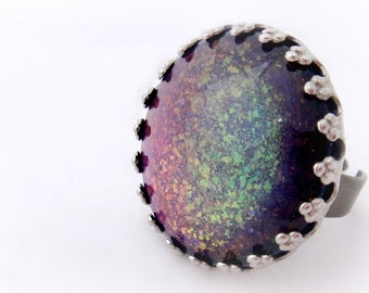 Rainbow mermaid adjustable ring, kawaii fairy kei jewelry, glitter ring, gift for her