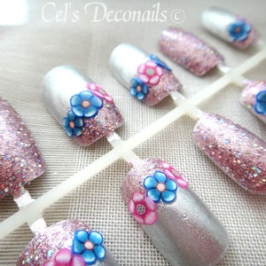 Spring flowers nail art set, handpainted nails, glitter false nail set image 2