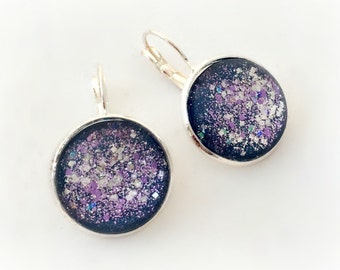 Round blue earrings, winter sparkle glitter earrings