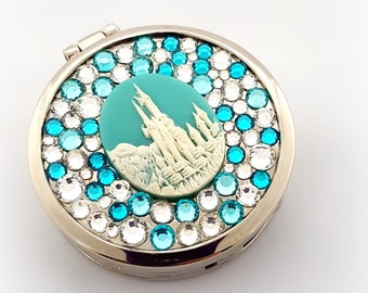 Fairytale castle compact mirror purse hook, blue princess decoden, kawaii gift for her