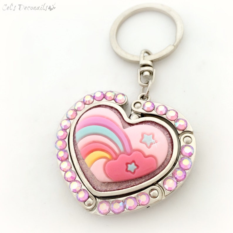 Kawaii Pastel Rainbow Heart Keychain, Pink Purse Hook, Cute Bag Charm