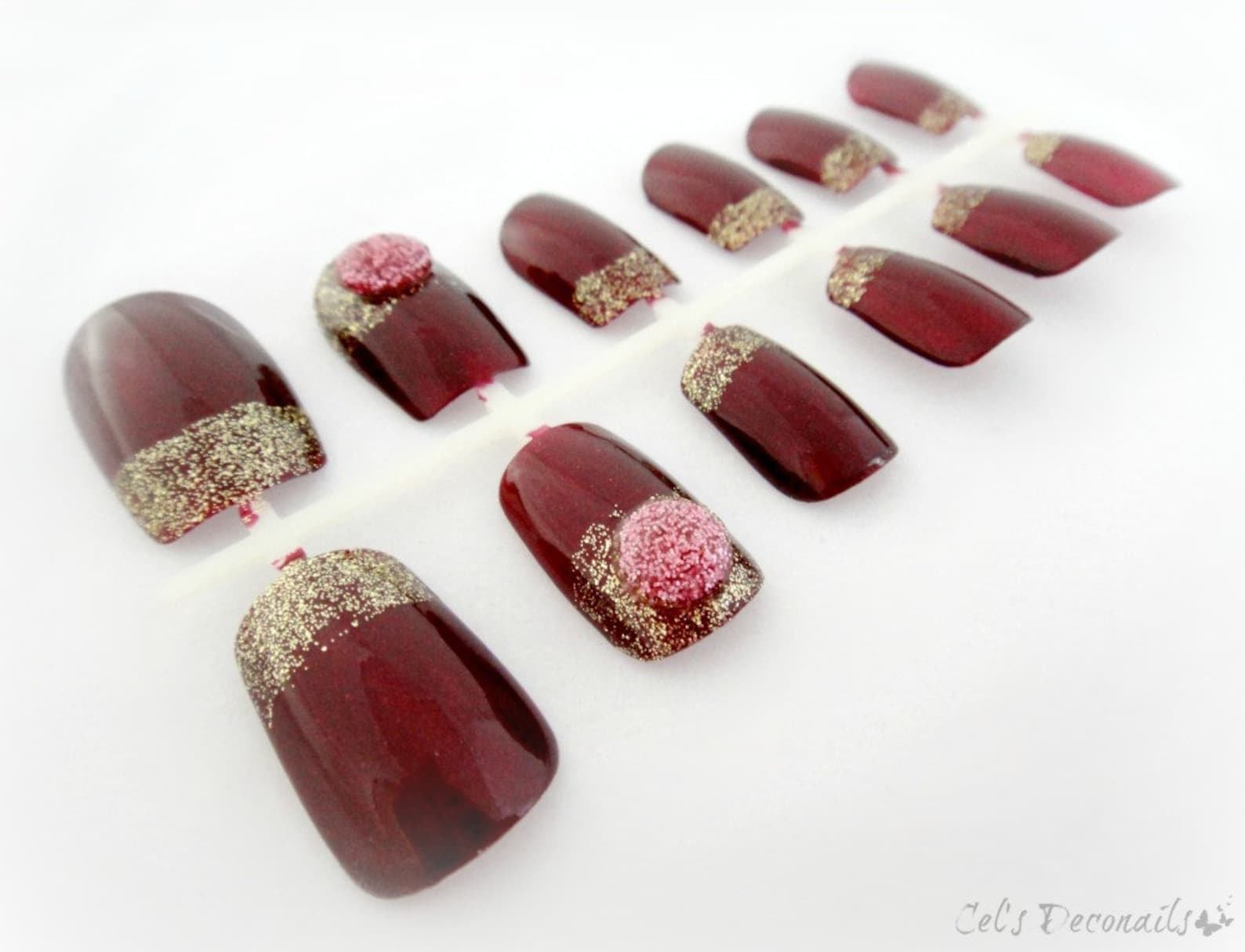 Golden Burgundy French Nail Set Japanese Nail Art - Etsy