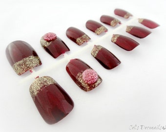 Golden burgundy french nail set, Japanese nail art, handpainted press on nails